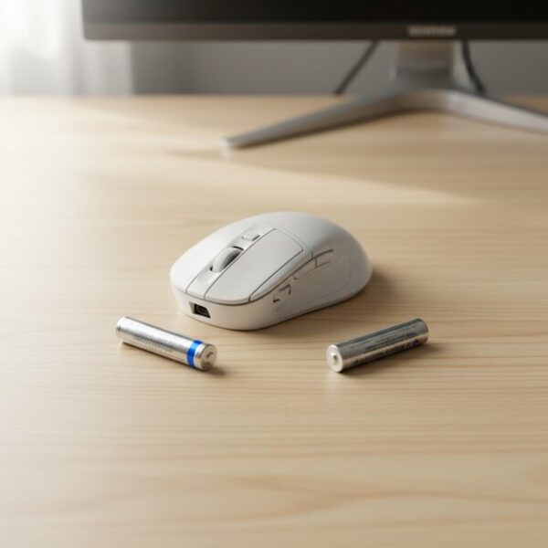 ワイヤレスマウスの矢印が出ない原因で多い電池切れを解決するため、新品の電池に交換している様子。Bluetooth接続の確認や再ペアリングといった対処法のひとつ。