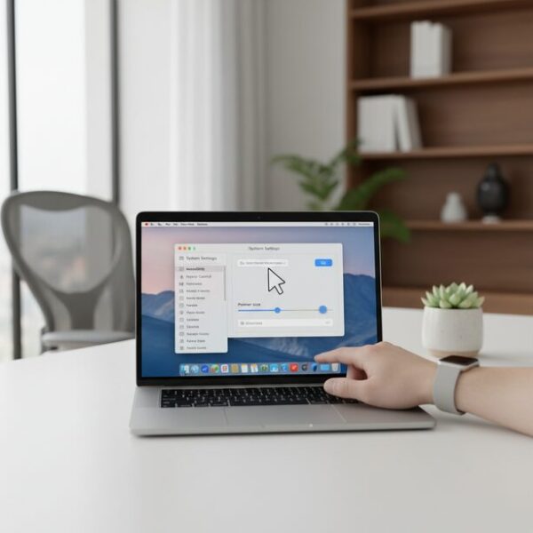 Macでマウスのポインタ(矢印)が表示されないトラブルの解決策として、システム設定のアクセシビリティを確認。ポインタのサイズや関連設定を見直すことで問題を解消する。