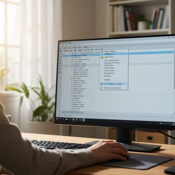 マウスの矢印が出ない原因であるドライバーの不具合を解消するため、デバイスマネージャーからドライバーの更新を実行。ソフトウェアを最新の状態にして問題を解決する対処法。