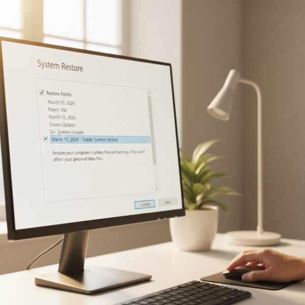 Windows Updateなどが原因でマウスカーソルが出ない場合に有効な「システムの復元」。問題が発生する前の日付を選択し、パソコンの設定を正常な状態に戻すことで解決を図る。