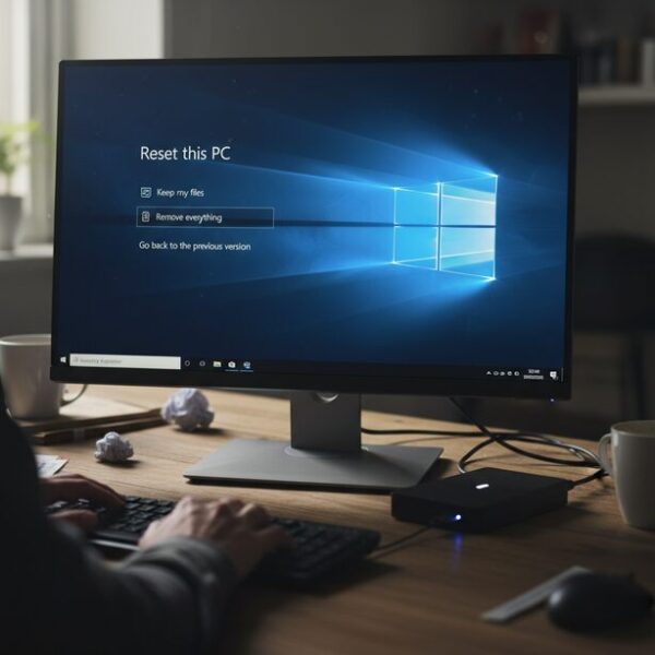 マウスカーソルの問題がどうしても解決しない場合の最終手段であるOSの初期化。パソコンを工場出荷状態に戻す前に、外付けHDDへ重要なデータをバックアップしておくことの重要性。