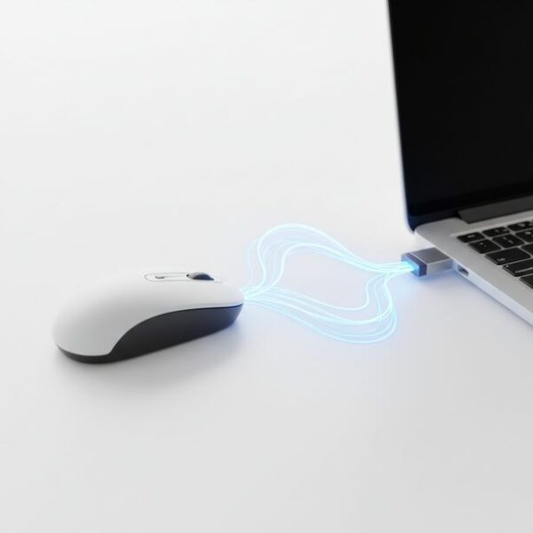 ワイヤレスマウスの仕組みを解説。マウスから発信された無線信号がUSBレシーバーであるドングルに受信される様子を視覚化し、2.4GHzの安定した通信方式をイメージさせる。