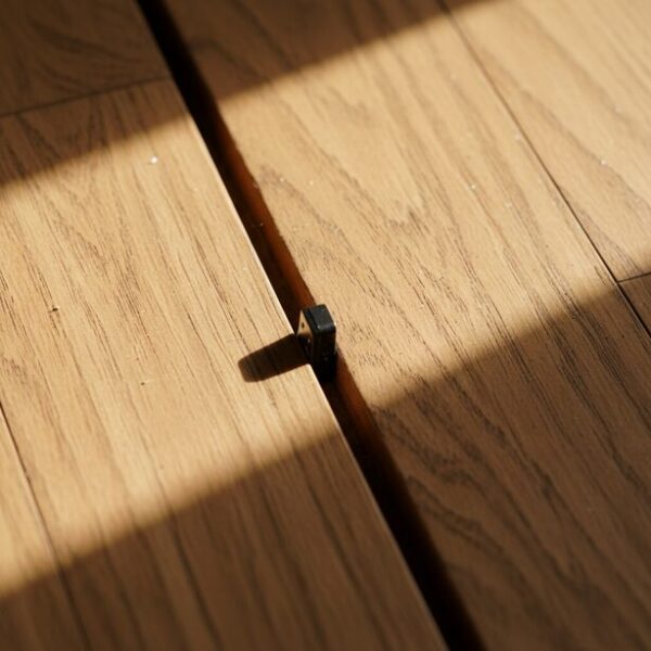 ワイヤレスマウスのドングル接続のデメリットである紛失リスクを表現。フローリングの隙間に落ちてしまった小さなUSBレシーバーが、その小ささゆえの失くしやすさを示唆している。