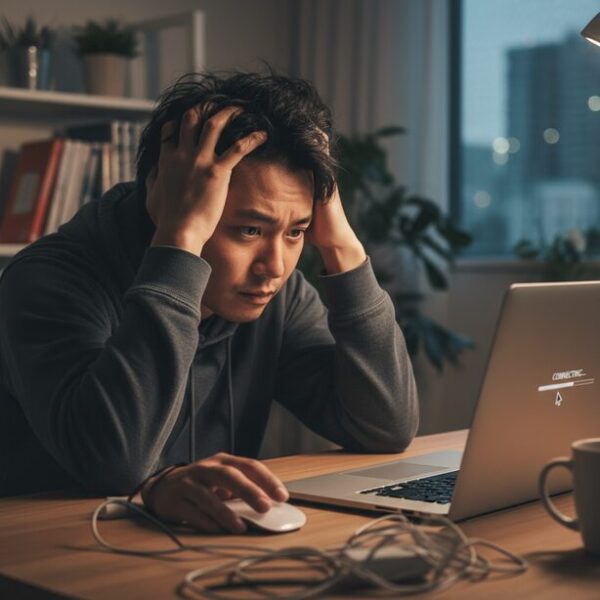 ワイヤレスマウスが反応しないトラブルに悩む男性。電池切れやドングルの接続不良など、マウスが認識しない原因が分からず困惑し、パソコンの前で頭を抱えている状況。