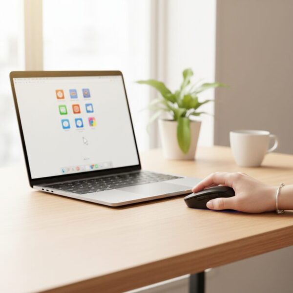 スリープ復帰後に途切れたワイヤレスマウスとの接続が自動で再接続される様子。PCを起動した際にマウスを動かすと、ドングルが信号を認識しすぐにポインターが動き出す。