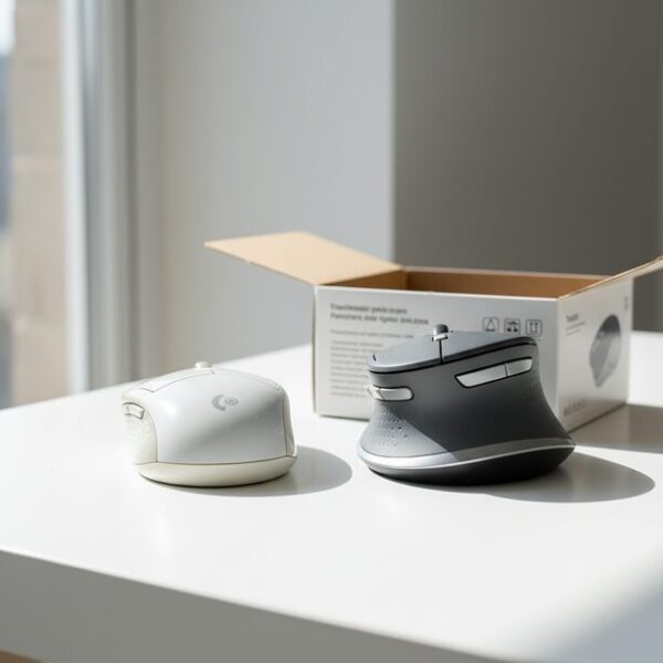 ワイヤレスマウスの買い替えを考えるタイミング。クリックの不調やチャタリングが起きた古いマウスと、新しい多機能マウスを並べ、製品寿命やPC環境の変化に応じた選択を示す。