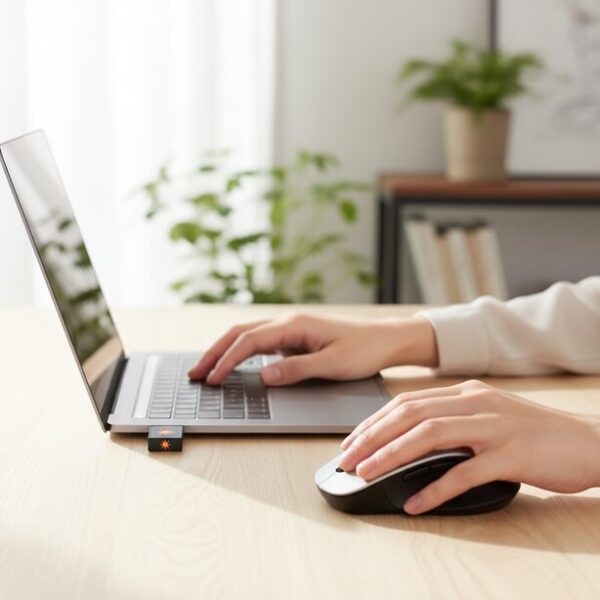 Logicool Unifyingレシーバーの利便性。一つのドングルで最大6台の対応デバイスを複数接続でき、USBポートを節約できる。ワイヤレスマウスとキーボードを同時に使用中。