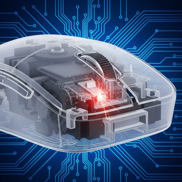 マウスのクリックが勝手になるダブルクリック問題の主な原因、チャタリング現象の仕組みを解説。マイクロスイッチ内部の金属接点が経年劣化や摩耗で誤作動を起こしている様子のCGイラスト。