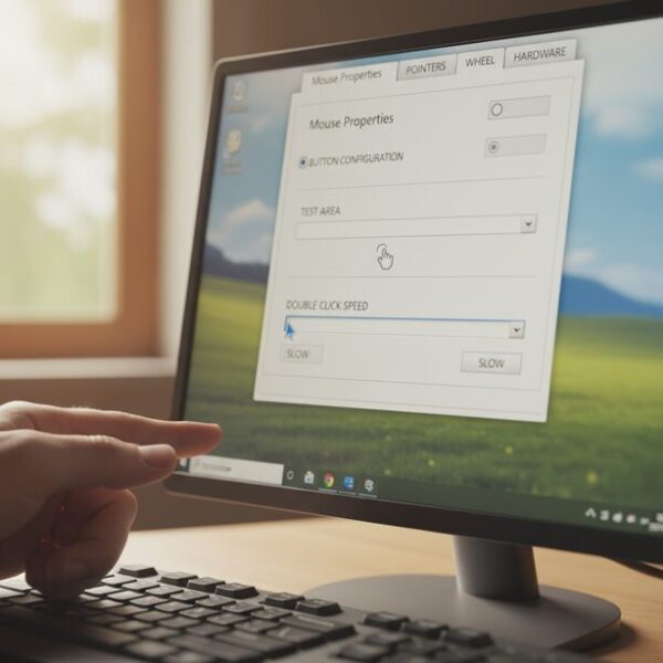 マウスのチャタリングによるダブルクリック化の応急処置として、OSの設定でクリック速度を調整する方法。Windowsのプロパティ画面でスライダーを「遅くする」側へ動かし症状を緩和する。