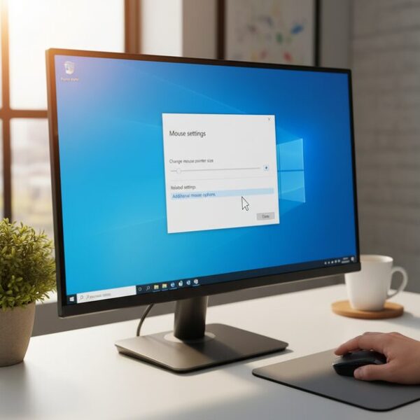 Windows10搭載のPCで、マウスのチャタリングによる誤作動を改善するための設定手順。デバイス設定から「その他のマウスオプション」を選択し、ダブルクリックの速度を調整する方法を解説。