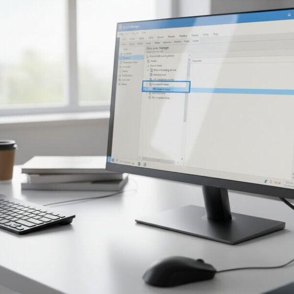 マウスの不具合がソフトウェアに起因する場合の対処法として、Windowsのデバイスマネージャーからドライバを再インストールする手順。HID準拠マウスを一度アンインストールして問題を解決する。