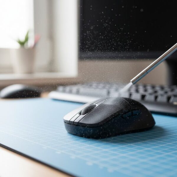 マウスのボタンの隙間に溜まったホコリやゴミが原因で起こるチャタリングの解決策。エアダスターを使って内部を掃除し、物理的な接触不良を解消してダブルクリック問題を直すメンテナンス方法。