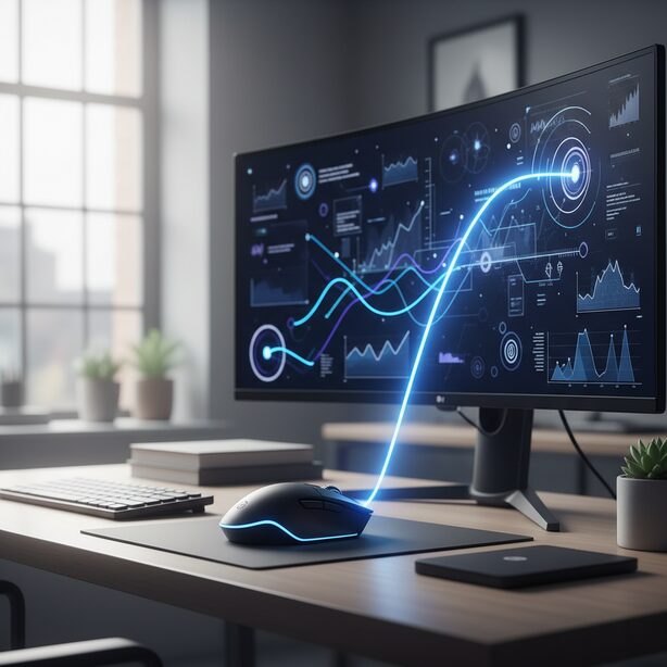 スタイリッシュなデスク上のゲーミングマウスから伸びる光の軌跡がモニター画面に繋がり、DPI設定によるパフォーマンス向上を表現。最適なマウス感度の変更方法を見つけ、ゲームや仕事の操作性を改善するイメージ。