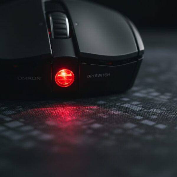 高性能マウスの光学センサーを至近距離で捉え、DPIやCPIの基本原理を象徴的に表現。マウスが1インチ動いた際の移動量を示す物理的な感度の仕組みを、技術的な視点から描写している。