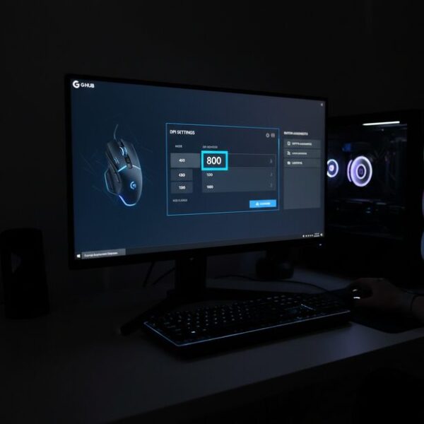PCモニターに表示された専用ソフトウェアで現在のマウスDPI設定を確認している様子。画面上の「800DPI」という数値が強調され、正確な感度設定の確認方法と手順を分かりやすく示している。