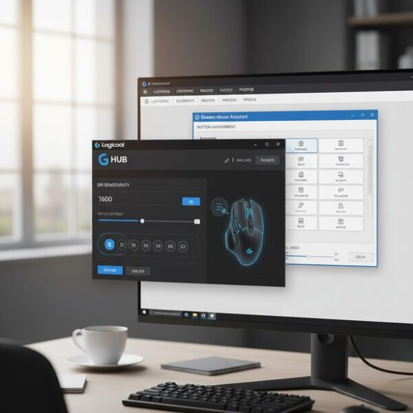 PC画面にLogicoolとエレコムの専用ソフトウェアが表示され、詳細なマウスDPI設定の変更が可能であることを表現。ソフトウェアを使った細かい感度調整やボタンのカスタマイズ方法を解説するイメージ。