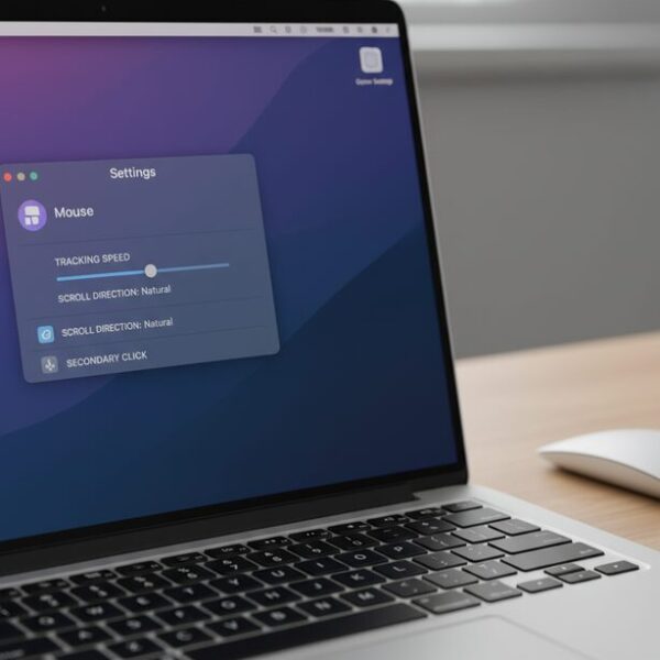 Macのシステム設定画面でマウスの「軌跡の速さ」スライダーを調整する様子。macOS環境でのポインター速度の変え方を具体的に示し、DPIとは異なるOSレベルでの感度設定を説明している。