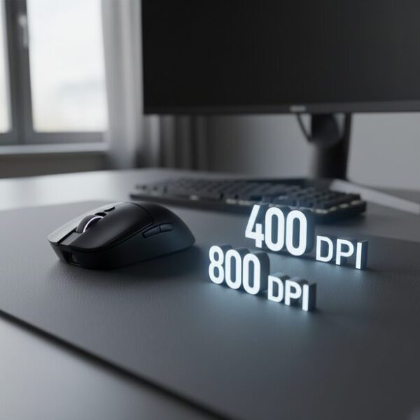 ゲーミングマウスの横に「400 DPI」と「800 DPI」の数字を配置し、FPSゲームなどにおける標準的な設定の目安を提示。多くのプロゲーマーが基準とする感度から最適な設定を見つける方法を解説。