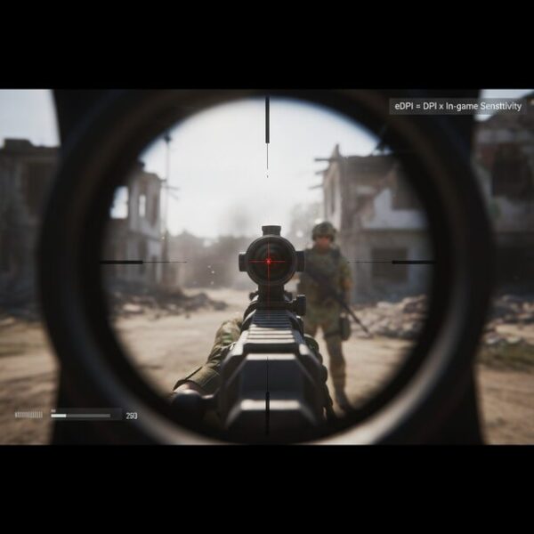 FPSゲームで精密なエイムが敵に合った瞬間を捉え、DPI設定の重要性を強調。eDPIという指標を用いて、ゲーム内感度と組み合わせた最適なマウス設定を見つける方法を解説するイメージ。