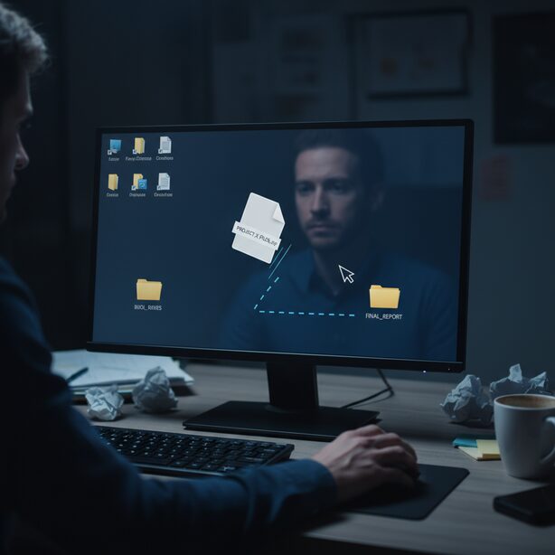 デスクトップ画面で、ドラッグ中のファイルアイコンが目的のフォルダの手前で落下し、操作に失敗している様子。マウスのドラッグが途中で途切れる問題によるストレスフルな状況を表現。