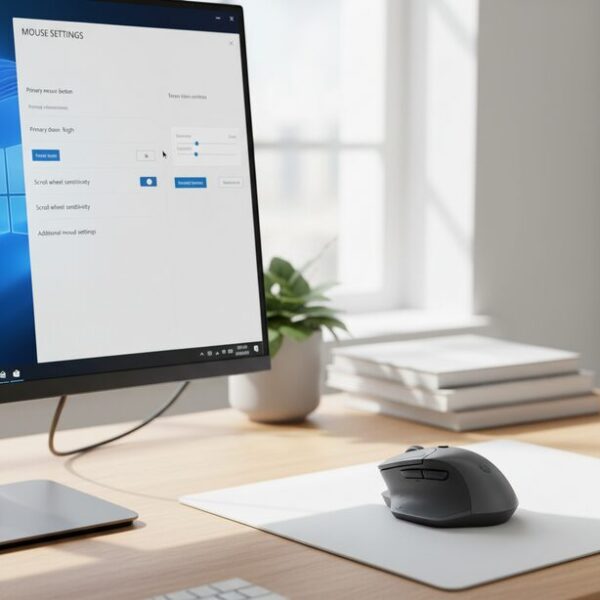 パソコン画面に表示されたWindowsのマウス設定と、デスクに置かれた物理的なマウス本体の対比。ドラッグが途切れる原因がソフトウェアかハードウェアかを探るイメージ。