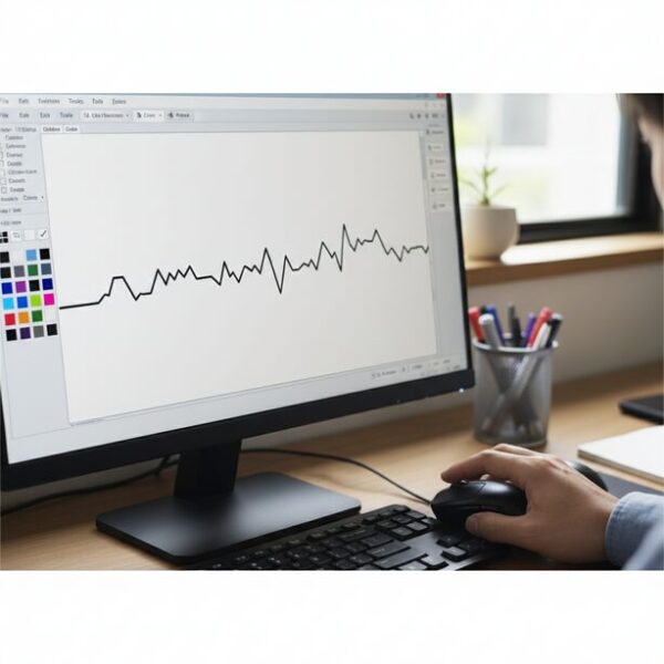 パソコンのペイントソフトで直線を描こうとしているが、線が途切れ途切れになっている画面。マウスのドラッグが維持できず、チャタリングが起きているかを確認するテスト。