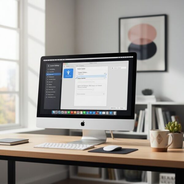 Macのシステム設定内にある「アクセシビリティ」の「ポインタコントロール」画面。ダブルクリックの間隔などを調整し、マウスのドラッグが途切れる不具合を改善する。