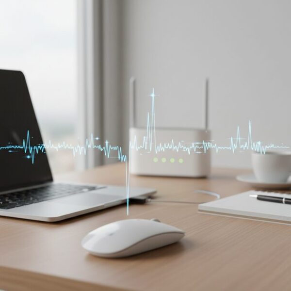 ワイヤレスマウスとパソコンのUSBレシーバー間の電波が不安定で途切れているイメージ。電波干渉が原因でドラッグ&ドロップが失敗するBluetooth接続の問題。