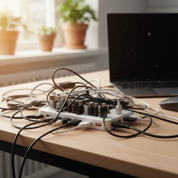 多くの機器が接続され電力不足に陥っているUSBハブ。マウスレシーバーの動作が不安定になり、ドラッグ操作が途中で切れる原因となっている状況。