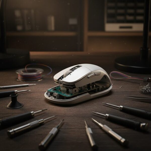 分解されたマウスの部品と精密ドライバーが作業台に置かれている。チャタリングを直すための分解清掃やスイッチ交換は、保証が無効になるリスクを伴う最終手段。