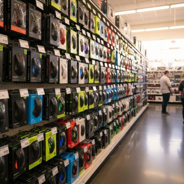 家電量販店の棚に多種多様な最新のパソコン用マウスが並んでいる光景。保証が切れたマウスのドラッグ不具合を機に、新しい高耐久モデルへの買い替えを検討。