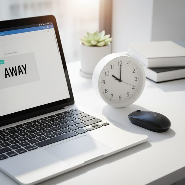 在宅勤務のPCスリープ防止対策として、100均のアナログ時計の上にマウスを置き自作したマウスジグラーが作動中。ノートPCのTeamsには退席中と表示されており、このライフハックの必要性を示している。