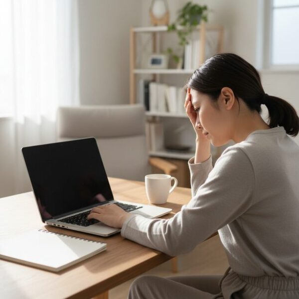 在宅勤務中にノートPCがスリープし、Teamsが退席中表示になってしまい困っている女性。スクリーンセーバーが起動したPCの前で、多くの人が共感するスリープ防止策の必要性を表現。