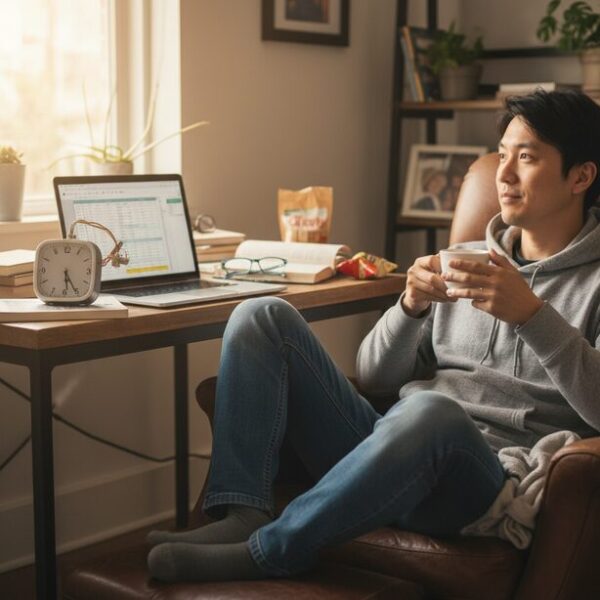 100均グッズで自作したマウスジグラーのメリットとデメリット。安価でバレにくいが少し不格好な装置の横で、PCがスリープしないことに満足して一息ついている様子。