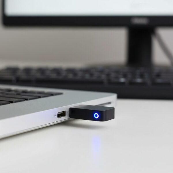 手軽で安いと人気の市販品、USBドングルタイプのマウスジグラー。ノートPCのUSBポートに挿すだけで作動し、LEDライトが点灯してPCのスリープを防止している様子をクローズアップで紹介。