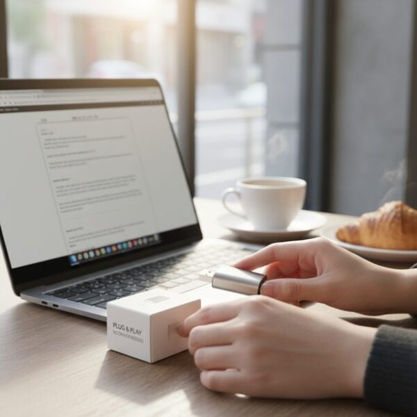 USBタイプマウスジグラーのメリットである手軽さ。ソフトウェアのインストール不要で、箱から出してすぐにノートPCに挿すだけで使える「Plug and Play」の利便性を示す。