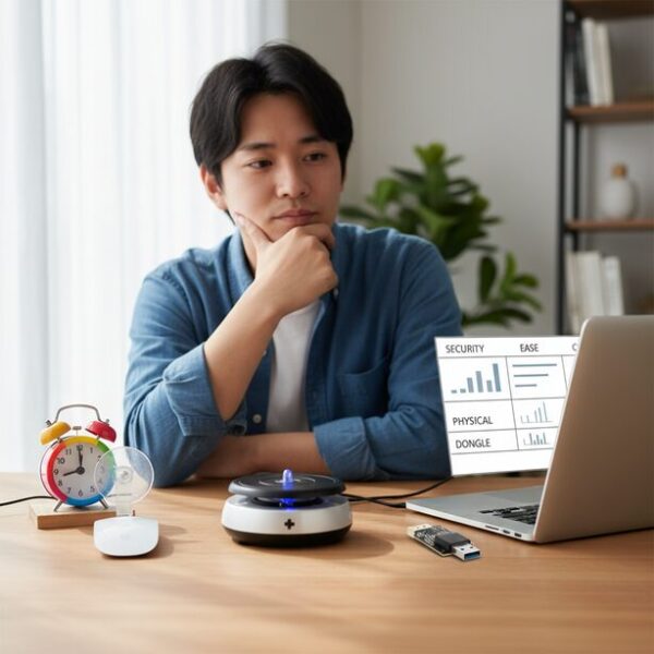 マウスジグラーの最適な選び方を比較検討する様子。デスクの上に100均の自作品、市販の物理タイプ、USBタイプを並べ、安全性や手軽さを考慮してどれが最適か悩んでいる。