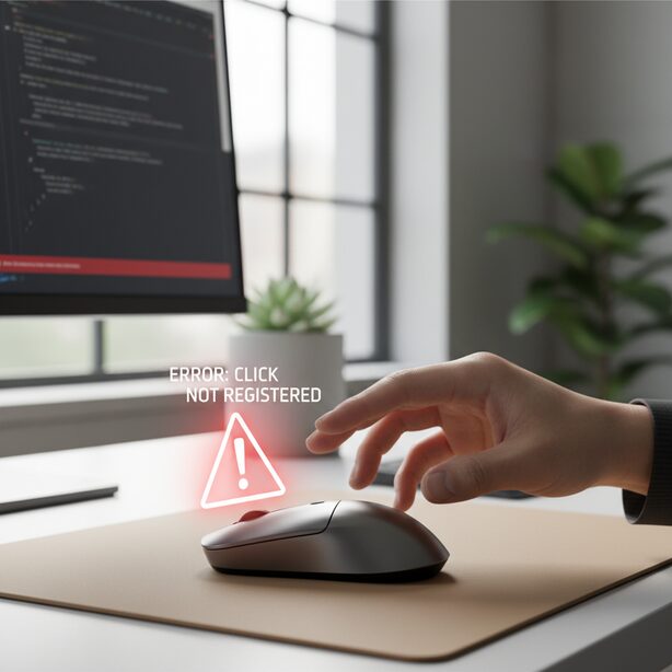 パソコンのデスク上で、不具合を示す赤い警告マークが表示されたマウス。クリックが反応しない、ダブルクリックになるといった故障やチャタリングの問題解決を暗示する。