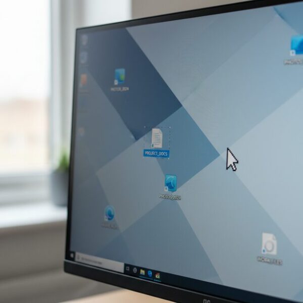 パソコンの画面上で、ドラッグ&ドロップに失敗してファイルからマウスカーソルが離れてしまった様子。マウスの左クリック不具合で意図せず選択が解除される症状を示す。