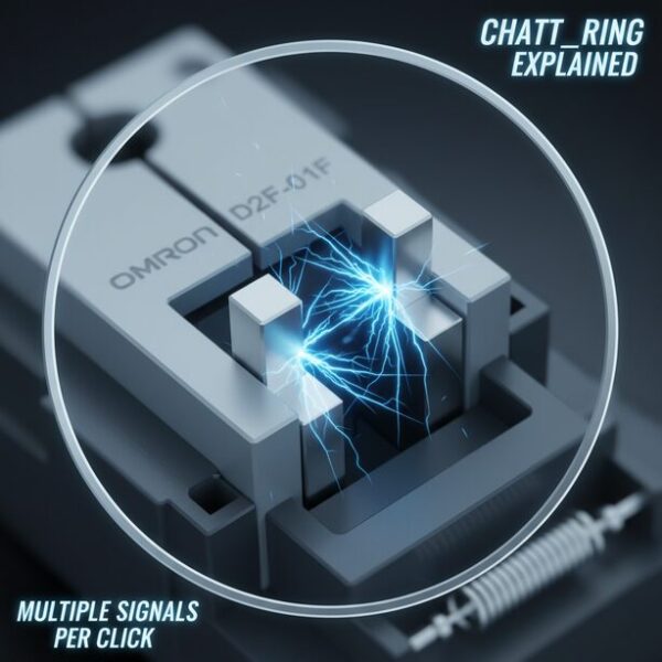 マウス内部のマイクロスイッチが拡大され、金属接点が振動して複数の電気信号を発生させている様子。クリック不具合の主な原因であるチャタリングの仕組みを解説。