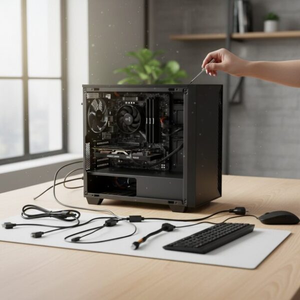 パソコン本体から電源ケーブルやマウスなどの周辺機器がすべて取り外されている状態。不具合解消のために、PCとマウス内部の不要な電気を放電する手順を表現。