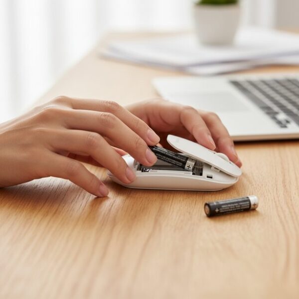 ワイヤレスマウスの電池カバーが開き、新しい電池に交換しようとしている様子。クリックが無反応になるなどの不具合は、まず電池残量不足を疑い交換することが重要。