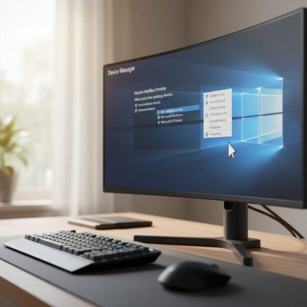 パソコンのデバイスマネージャー画面で、マウスドライバーを選択し再インストールを行っている様子。ソフトウェアが原因のクリック不具合を解消するための更新手順。