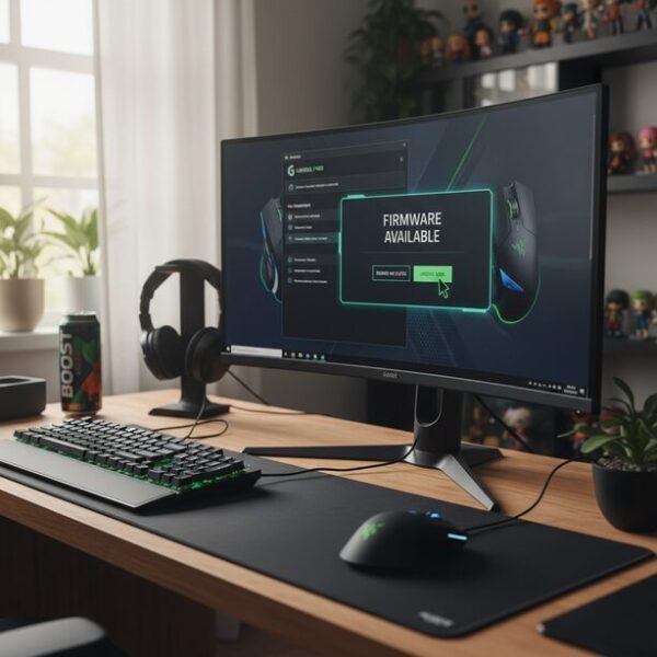 マウスメーカー提供の専用ソフトウェア画面で、ファームウェアのアップデート通知が表示されている様子。マウス本体のソフトウェアを更新してクリック問題を解決する。