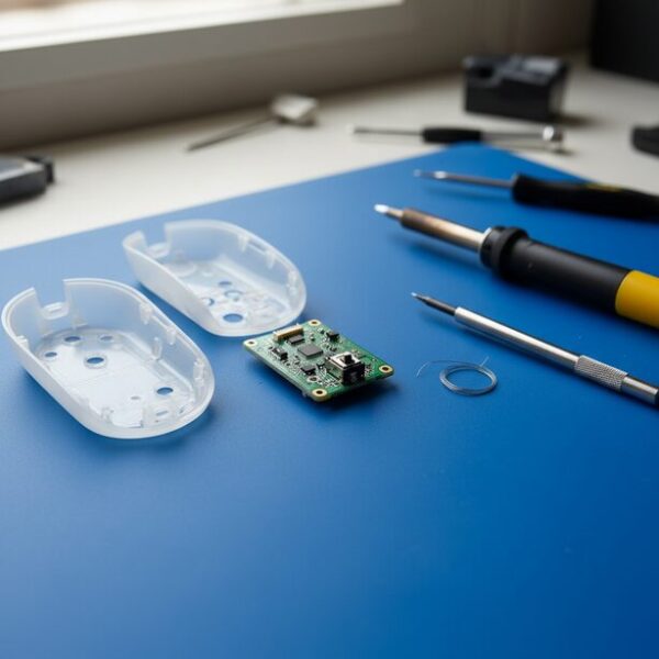 精密ドライバーやはんだごてと共に、分解されたマウスの部品が作業台に並べられている。メーカー保証が無効になる自己責任での分解とマイクロスイッチ修理の方法。