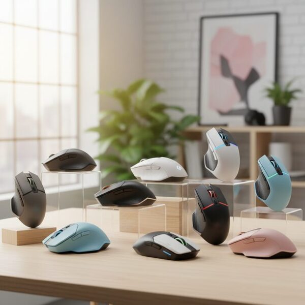 オフィス用、ゲーミング用、エルゴノミクス形状など、様々なデザインの最新マウスが陳列されている。寿命が来たマウスは修理するより、用途に合った製品に買い替えるのがおすすめ。