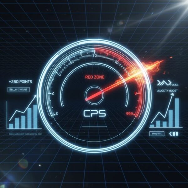 1秒あたりのクリック回数を示すCPSのスコアが、スピードメーターの針が振り切れるほど急上昇しており、マウス反応テストによるゲームプレイの向上というメリットを視覚化している。