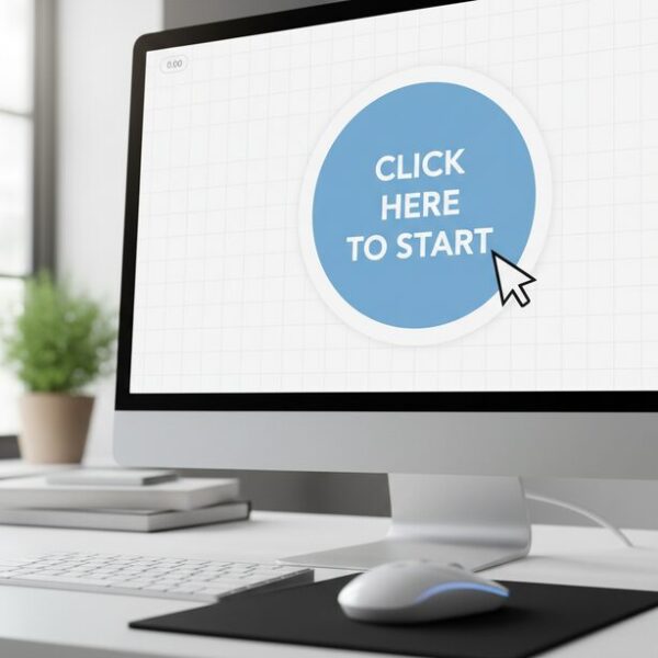 クリック速度測定サイトの画面上で、マウスカーソルが「テスト開始」ボタンをクリックする直前の瞬間。マウス反応テストの簡単なやり方を分かりやすく示している。