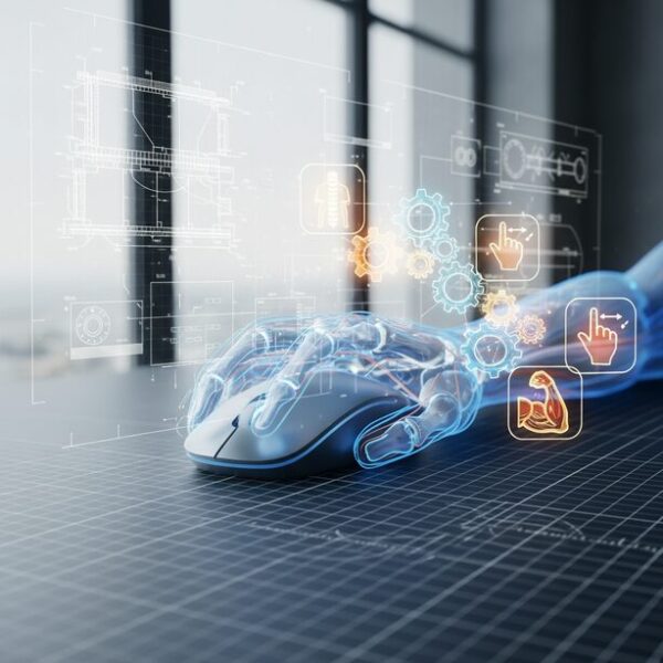 マウスを握る手のレントゲン風イラストの周りに、姿勢や指の動かし方などスコアを上げるコツを示すアイコンと歯車が配置され、理論的な改善方法を表現している。