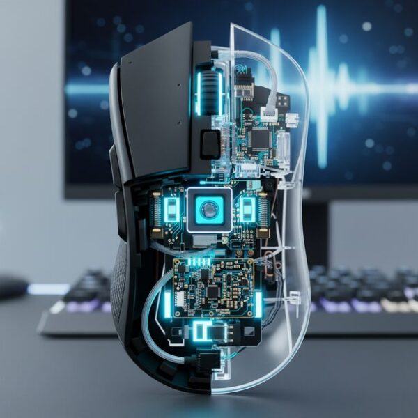 ゲーミングマウスの内部構造が透けて見え、高性能なスイッチやセンサーが光を放っている。クリック速度向上におけるデバイスの有効性を技術的な側面から表現している。
